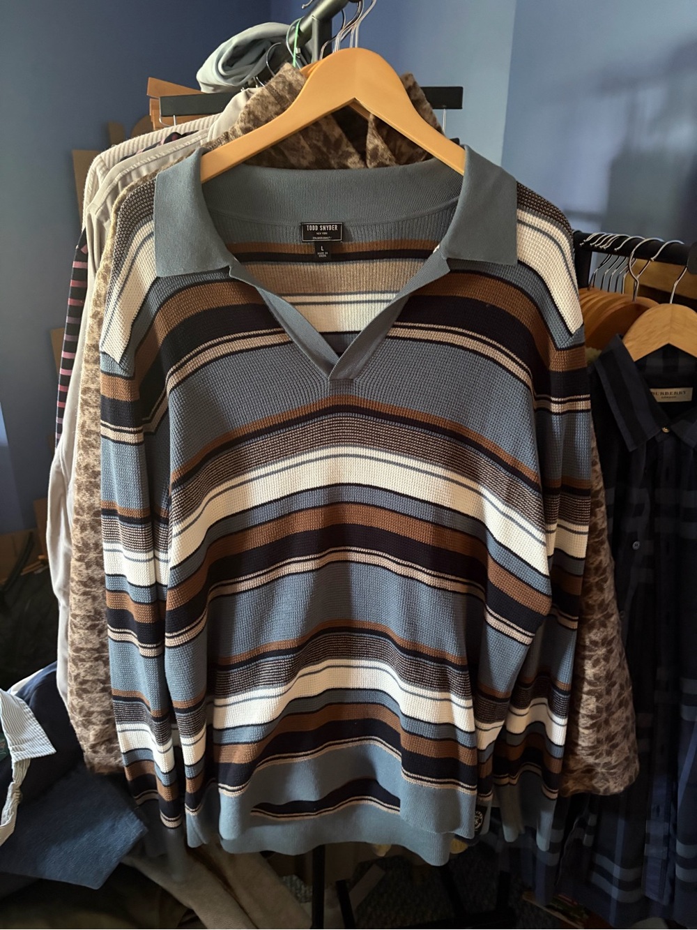 Todd Snyder Stripe Polo Sweater in Blue, Brown, White, and Gray